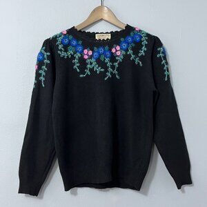 Vintage Susan Bristol Sweater Womens 36 Black Floral Hand Embroidered Angora 80s
